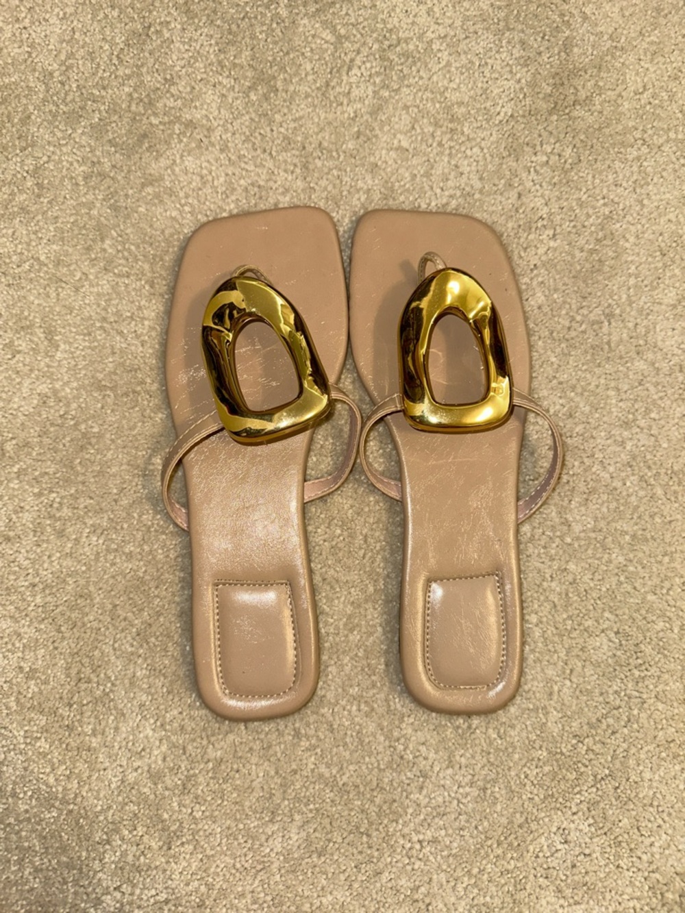 Nude Gold-Accent Square-Toe Slide Sandals